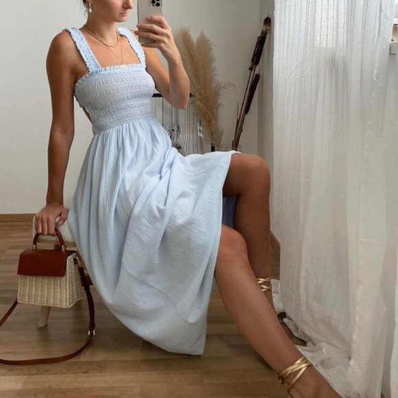 H&M • Baby Blue Smock-Topped Midi Dress - Picture 3 of 4